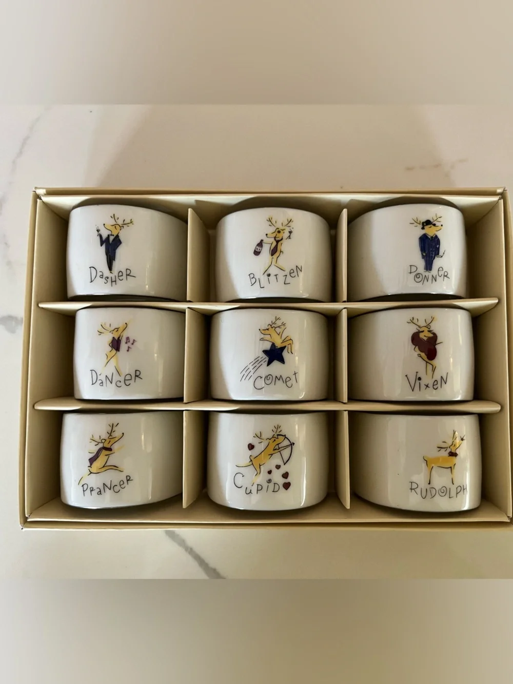 Pottery Barn Vintage Holiday Reindeer Porcelain Napkin Ring Set